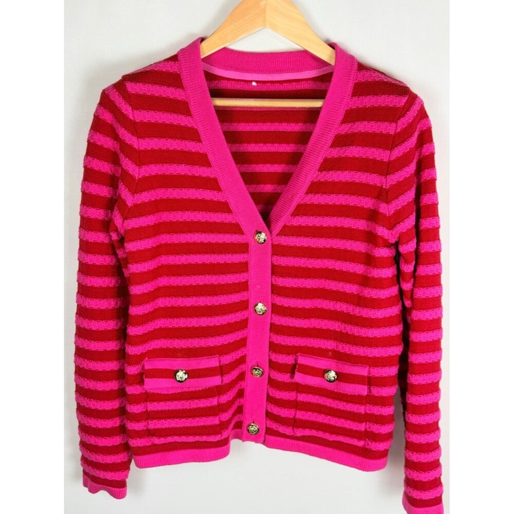 Pink Red Striped Cardigan Gold Crest Buttons Preppy Knit Sweater M Barbiecore